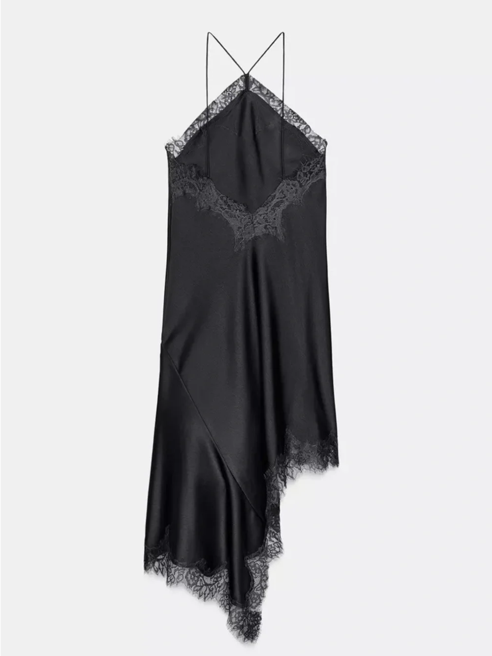 Zara ZW COLLECTION Black ASYMMETRIC LACE SATIN DRESS Size L - Picture 4 of 7